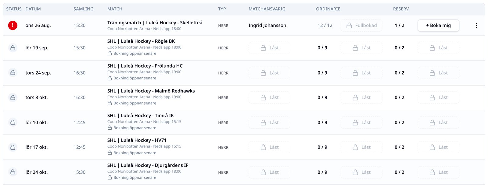 Matchlistan i Lagkassan med datum, samlingstider, platser kvar och bokningsknappar