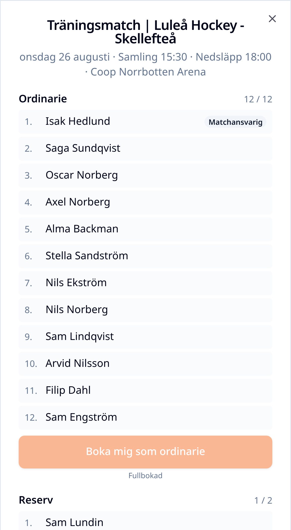 Bokningsdialogen i mobilvy med samlingstid, bokningslistan och knappen Boka mig som ordinarie