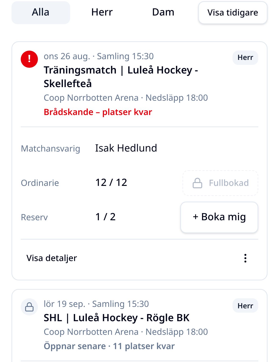 Matchlistan i mobilvy med platser kvar och knappen Boka mig